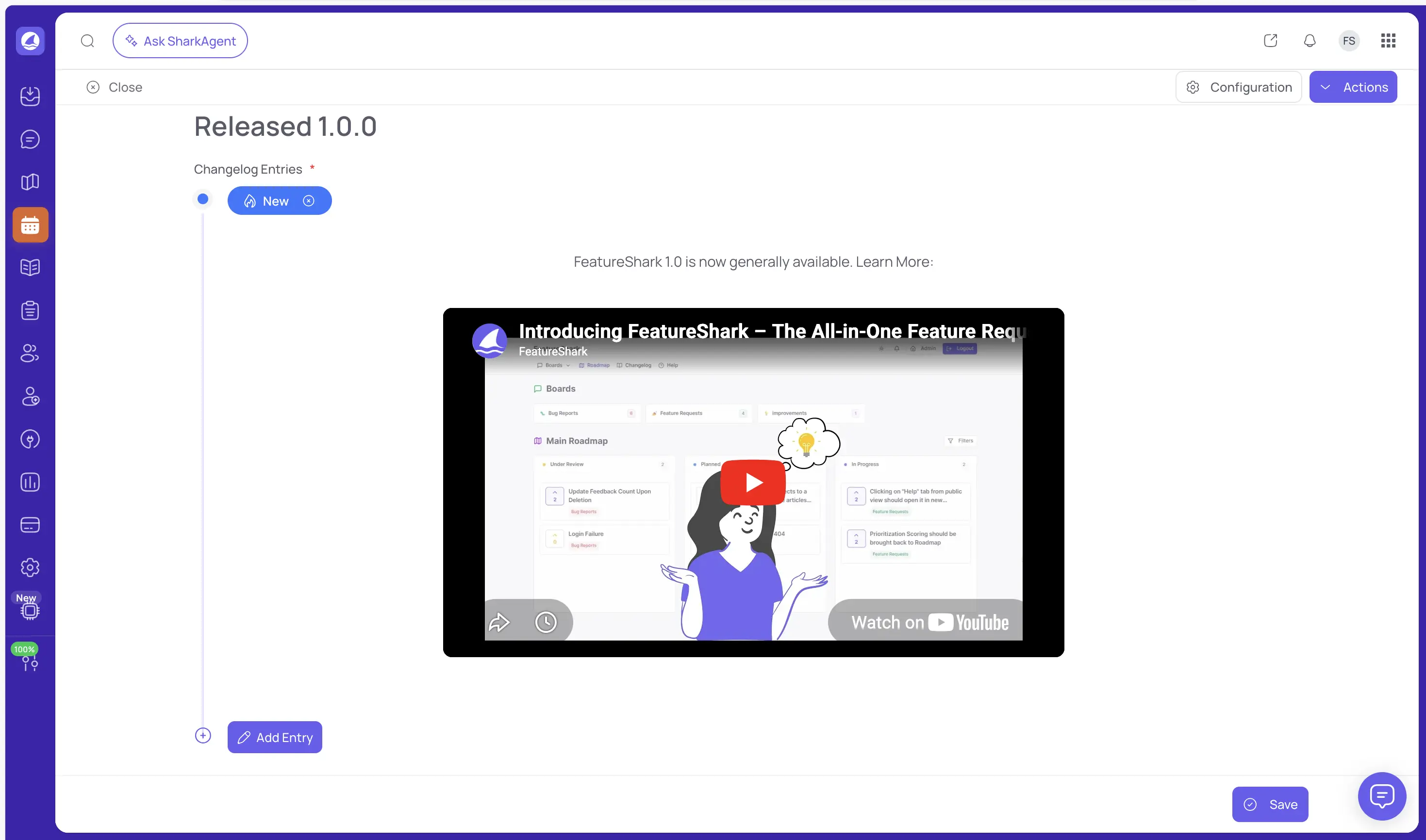 FeatureShark changelog showing a product update