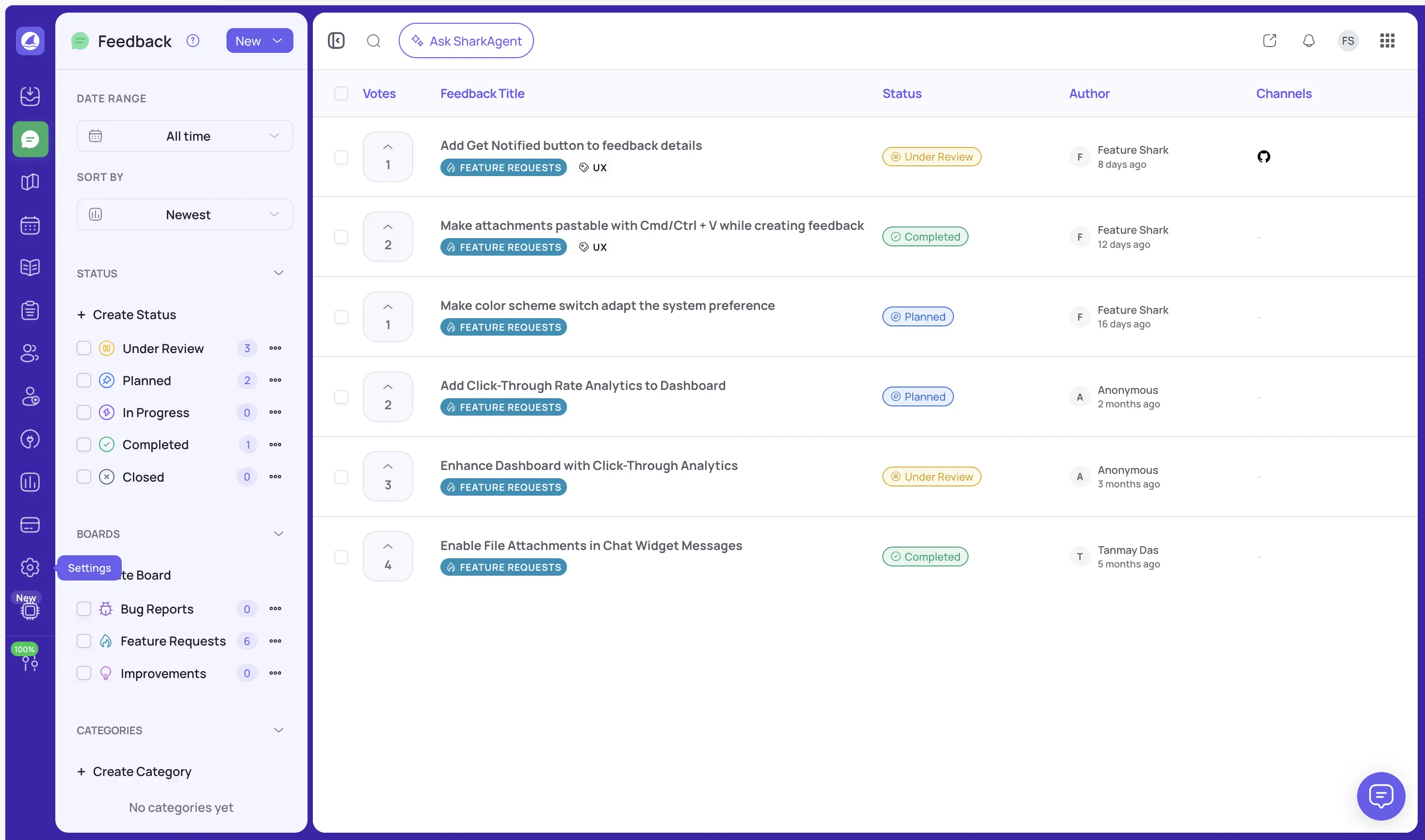 FeatureShark feedback board showing customer requests