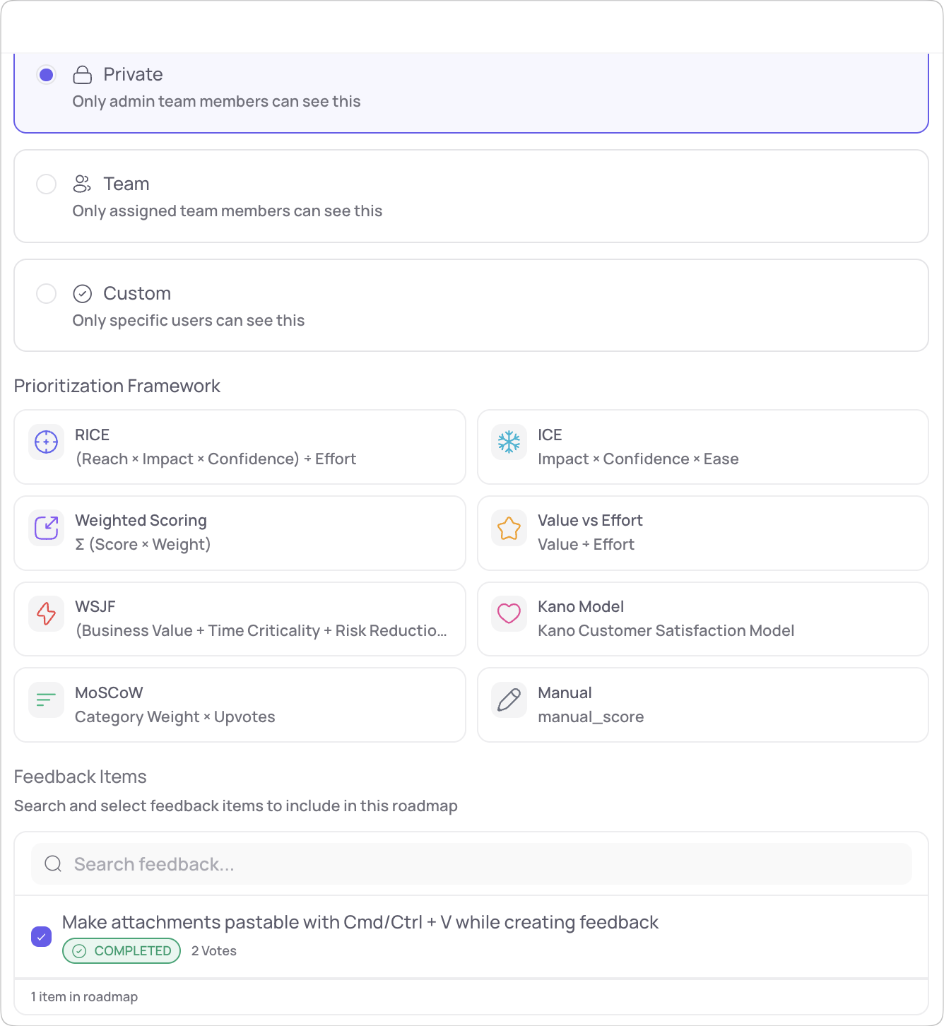 FeatureShark roadmap item showing linked feedback and customer demand