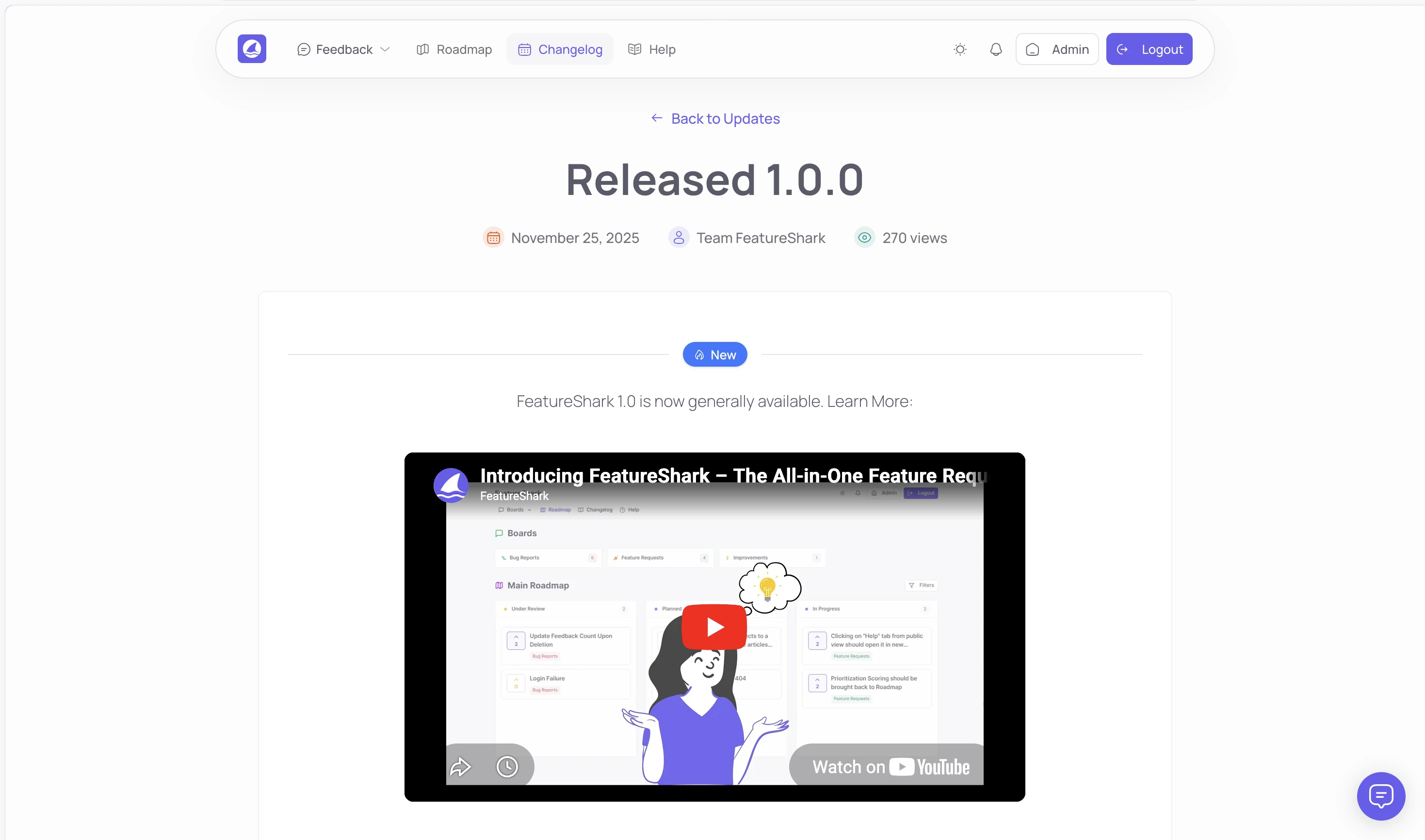 FeatureShark product changelog with release updates