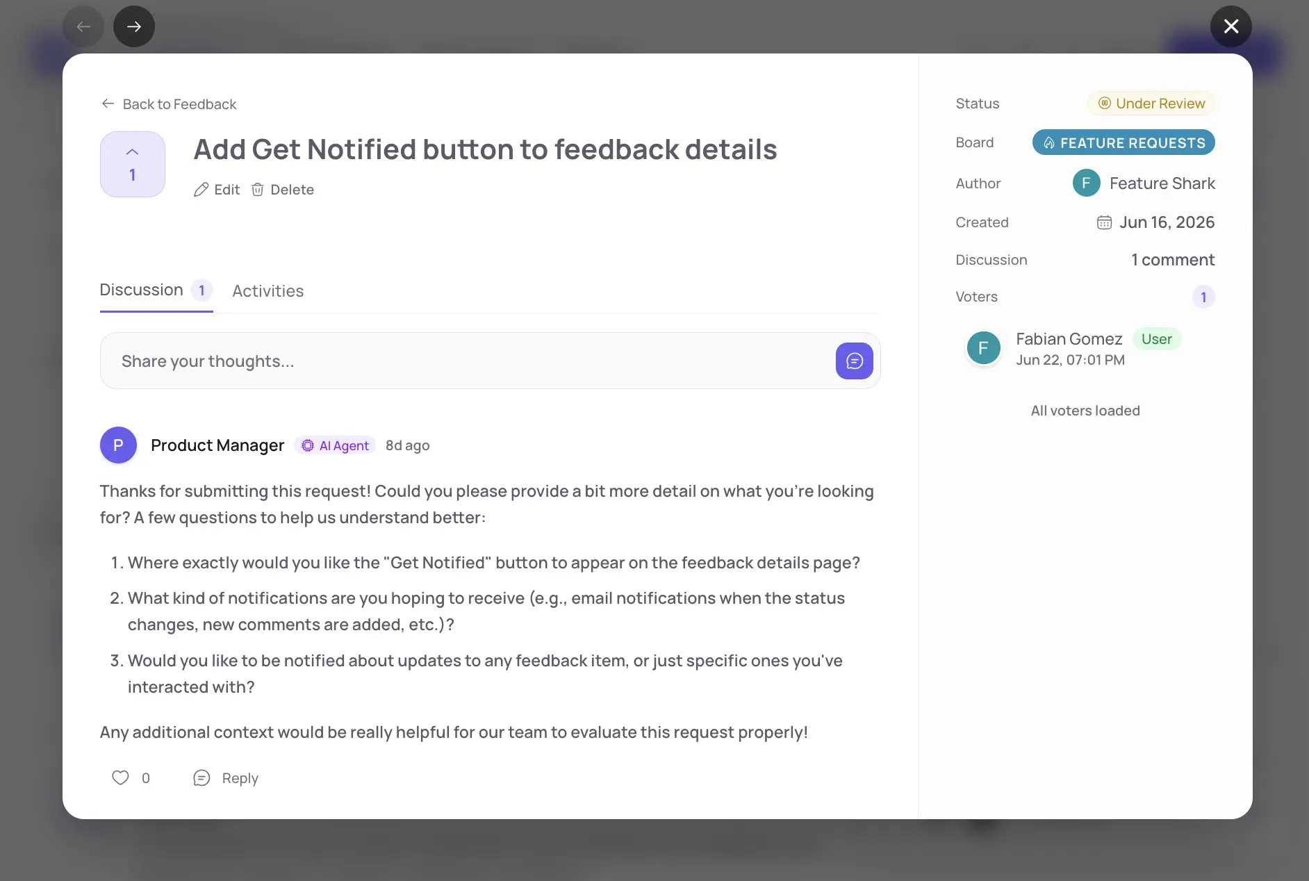 FeatureShark public product manager agent helping customers with product feedback