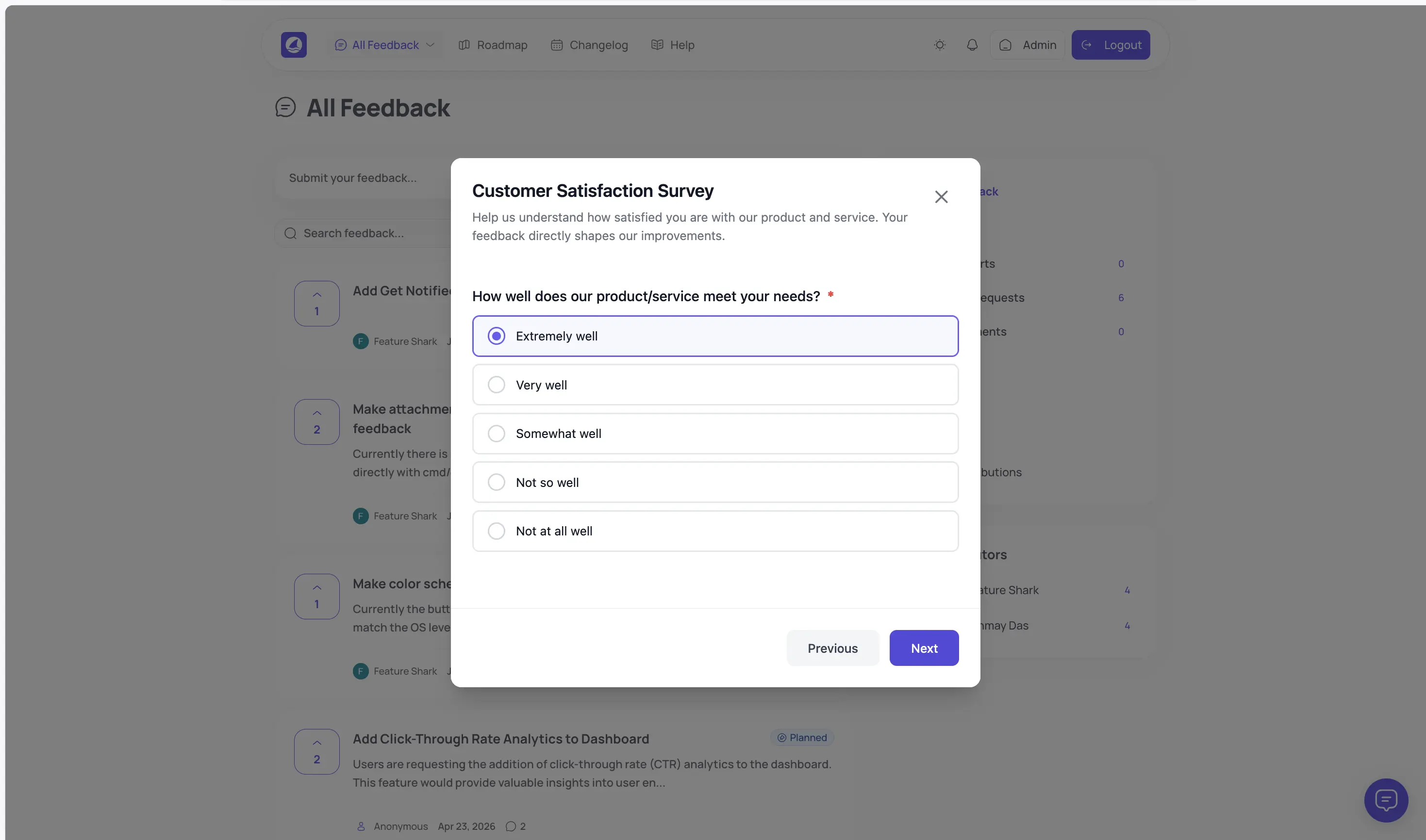 FeatureShark survey builder and customer response view