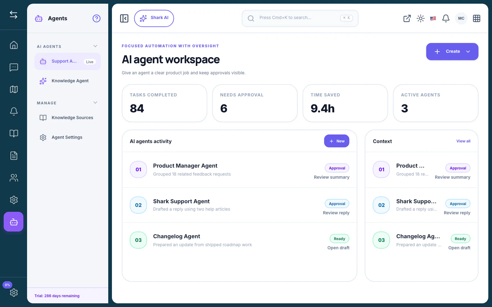 FeatureShark AI agent workspace showing completed tasks and work awaiting approval