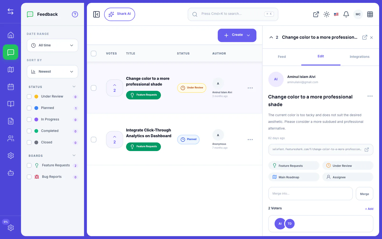 FeatureShark feedback inbox organized by votes, status, customer segment, and assignee
