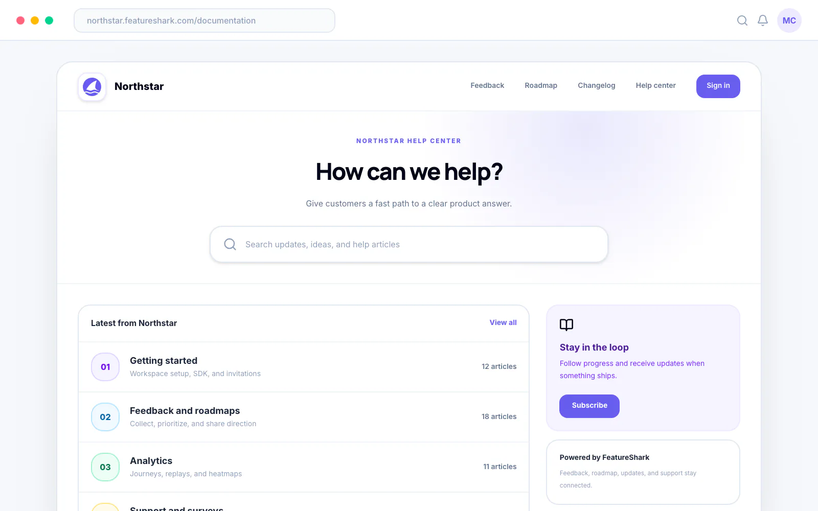 FeatureShark searchable help center with product documentation categories