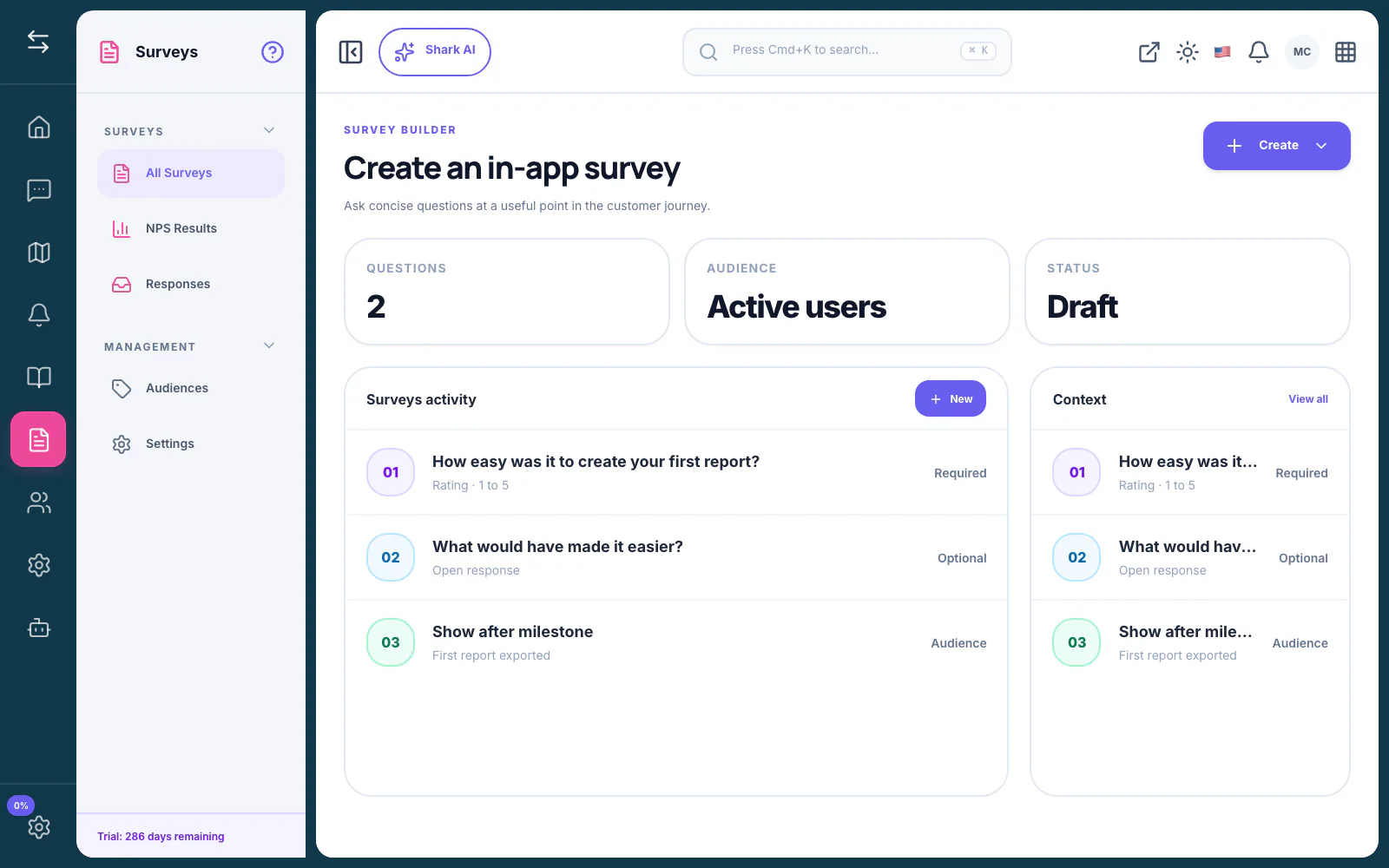 FeatureShark in-app survey builder with audience targeting and survey questions