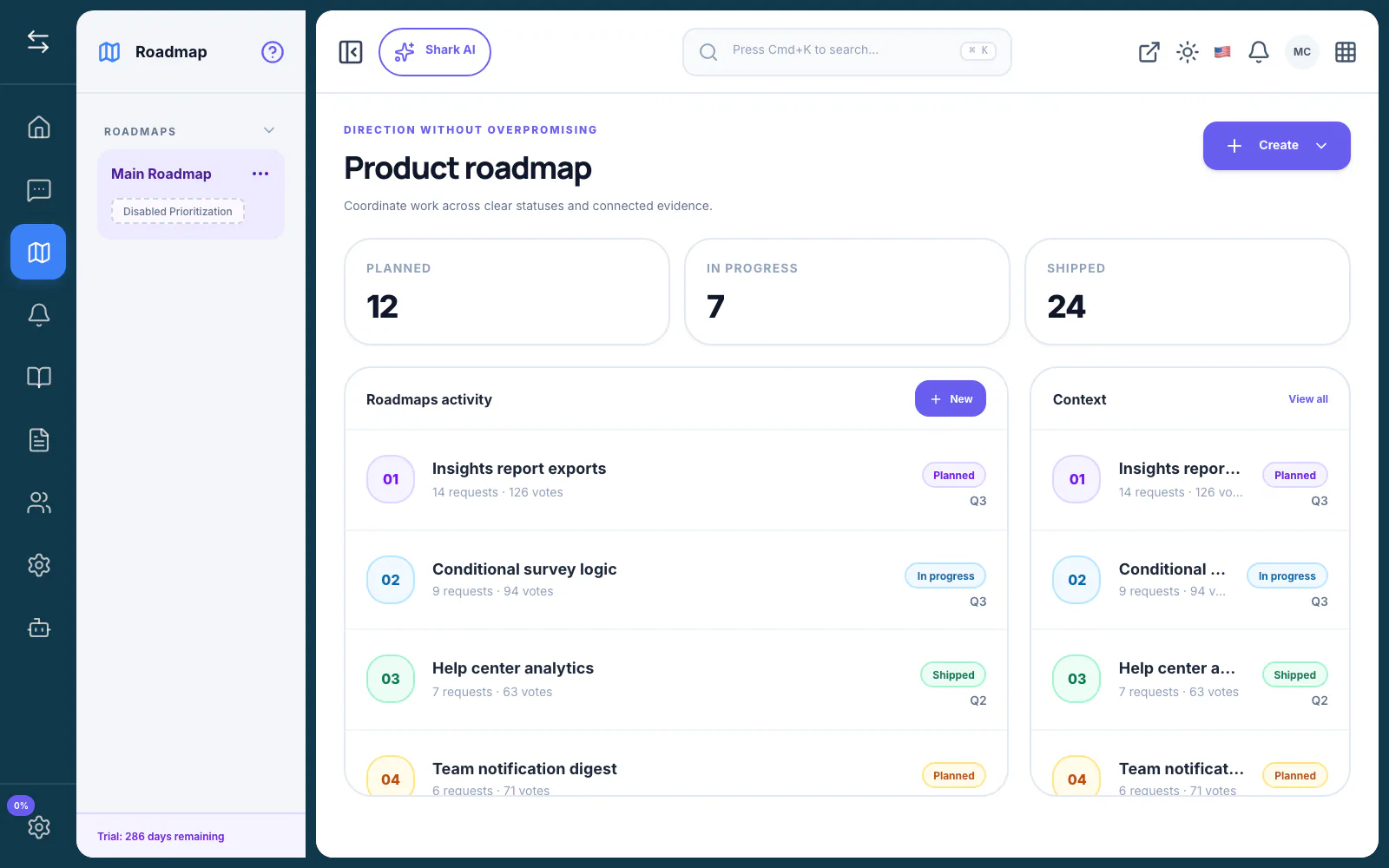 FeatureShark product roadmap showing planned, in-progress, and shipped work