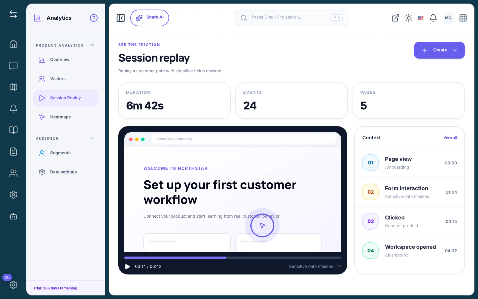 FeatureShark session replay with masked sensitive data and an event timeline