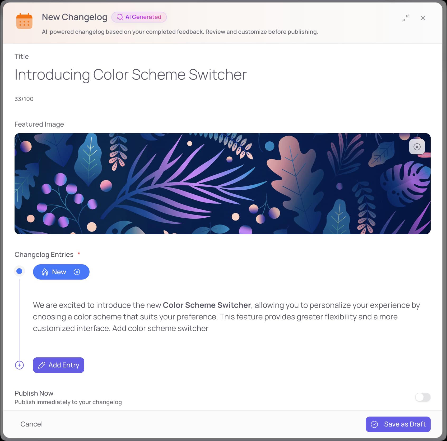 FeatureShark AI changelog generator drafting a release note