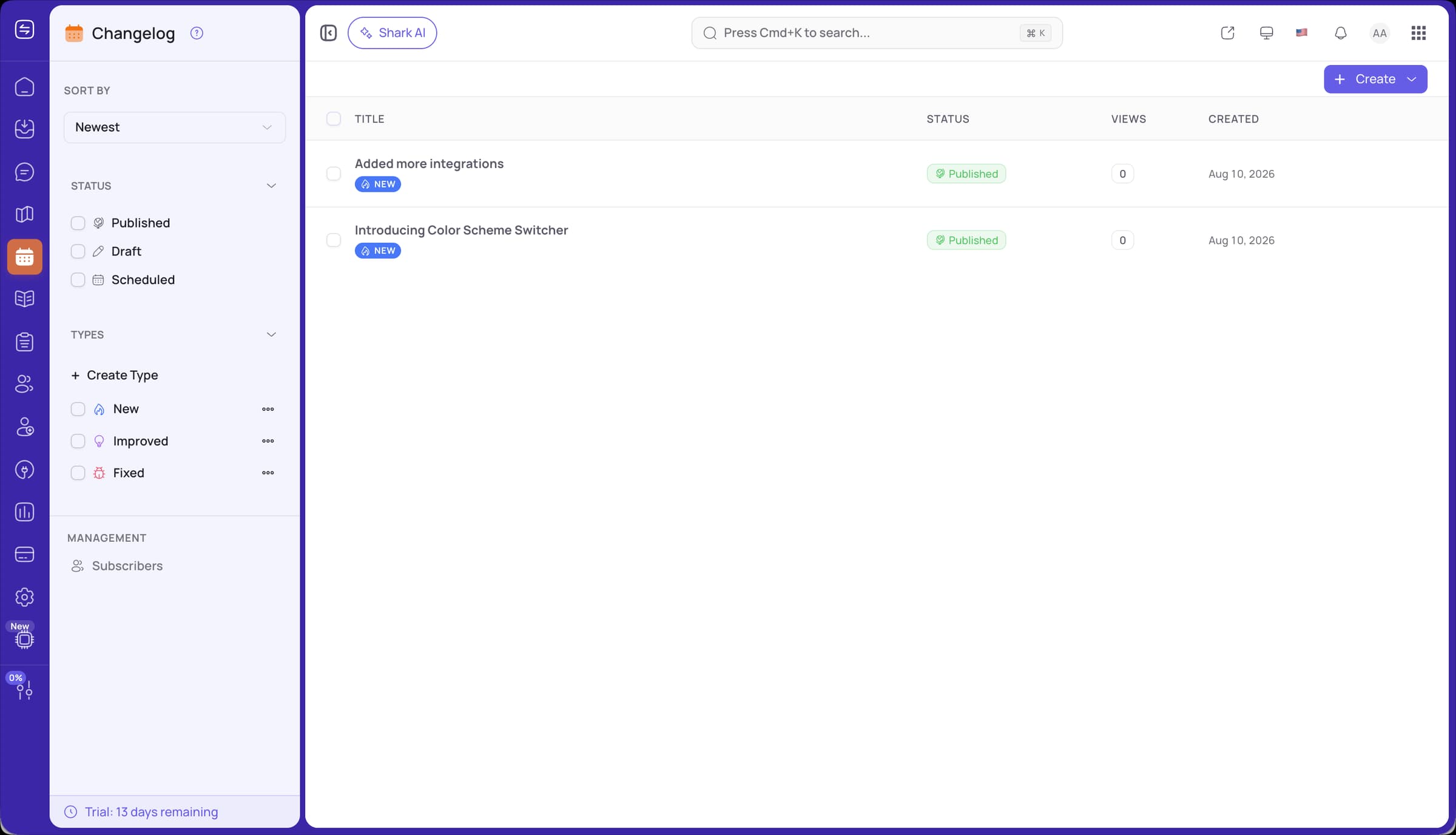 FeatureShark changelog list of published product updates