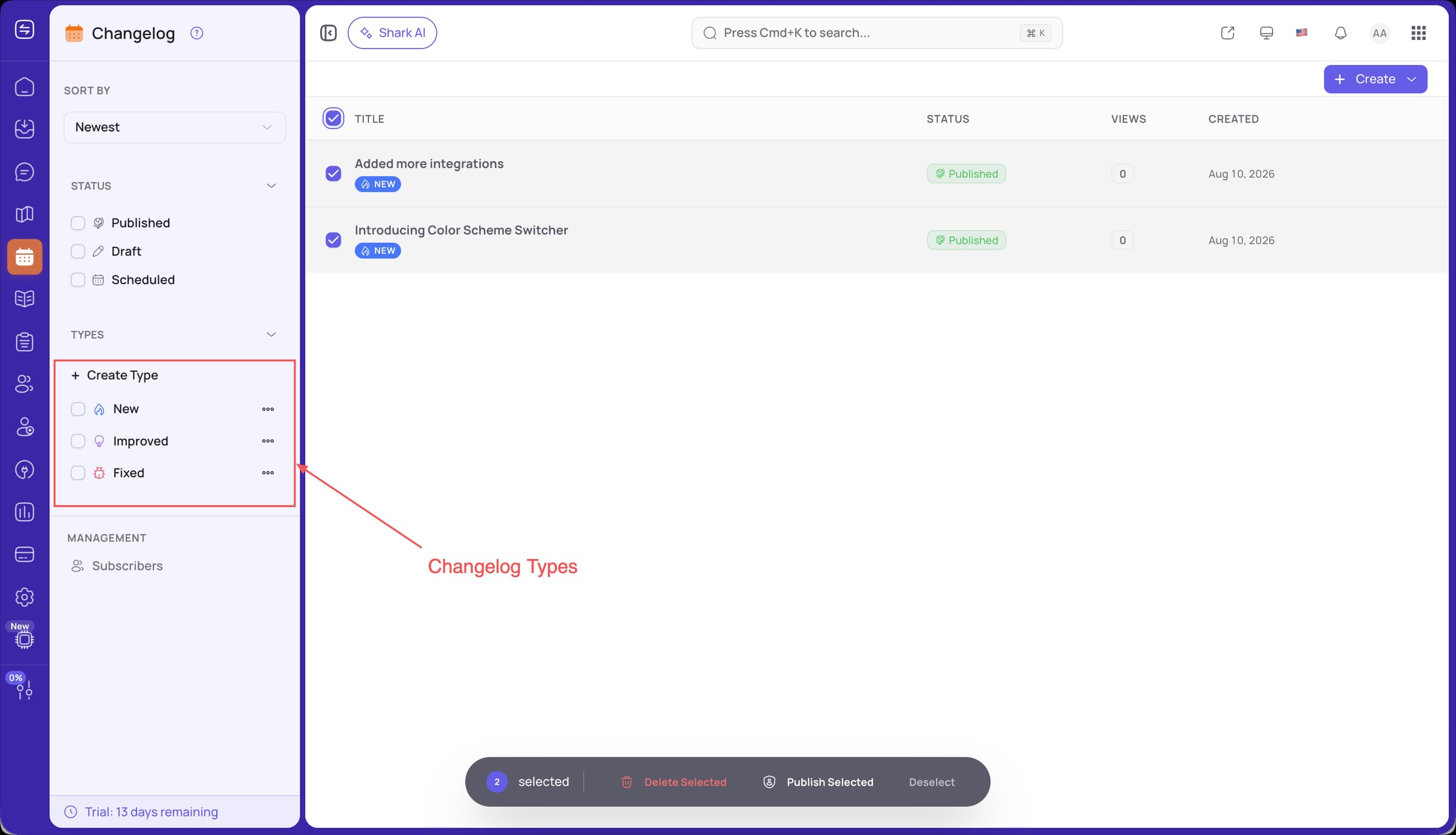 FeatureShark changelog types and categories
