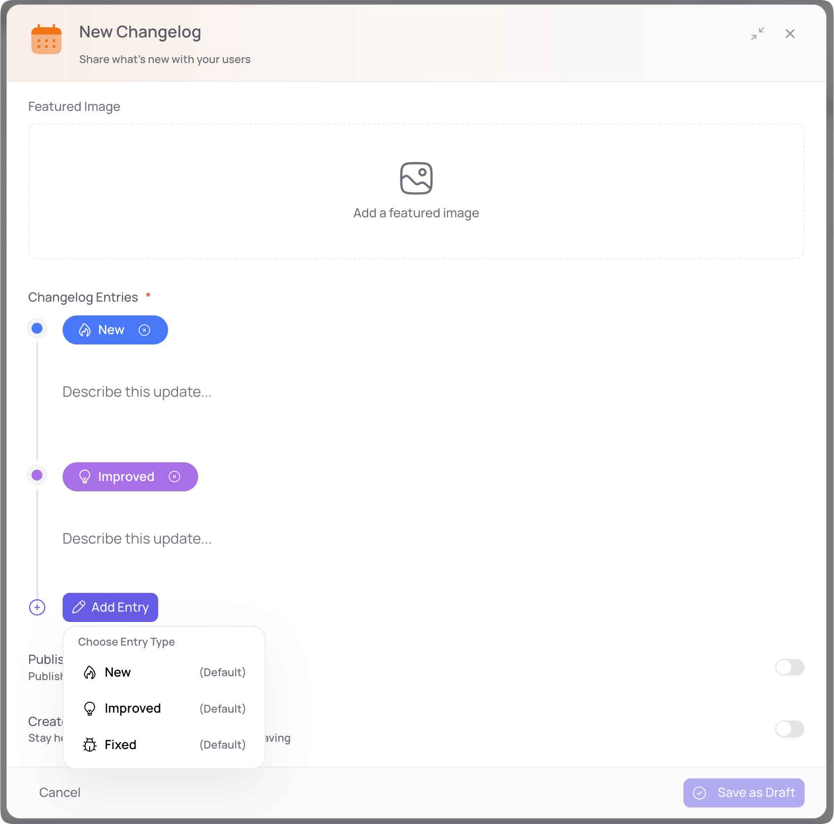 FeatureShark new changelog entry form