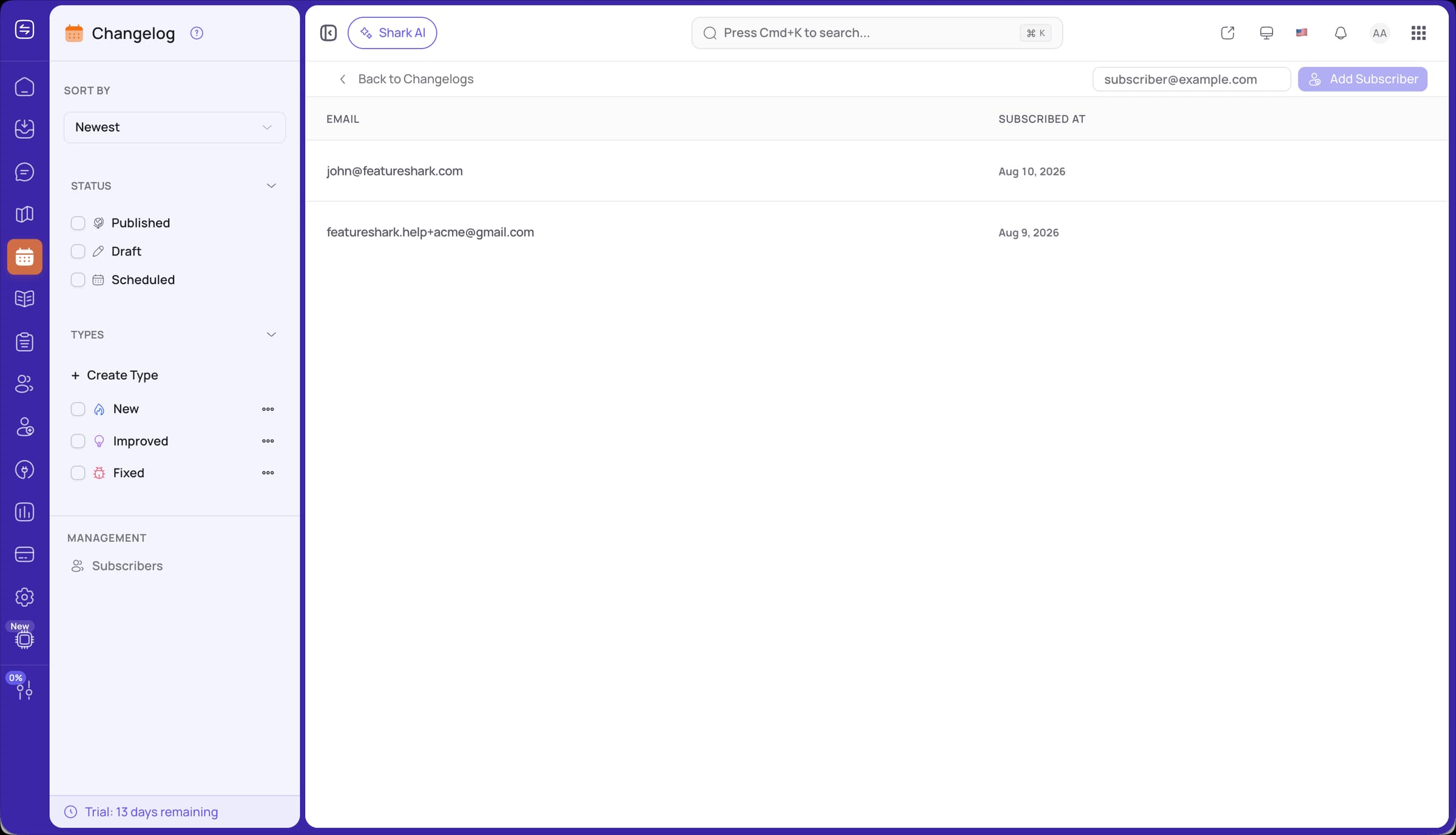 FeatureShark changelog email subscribers page