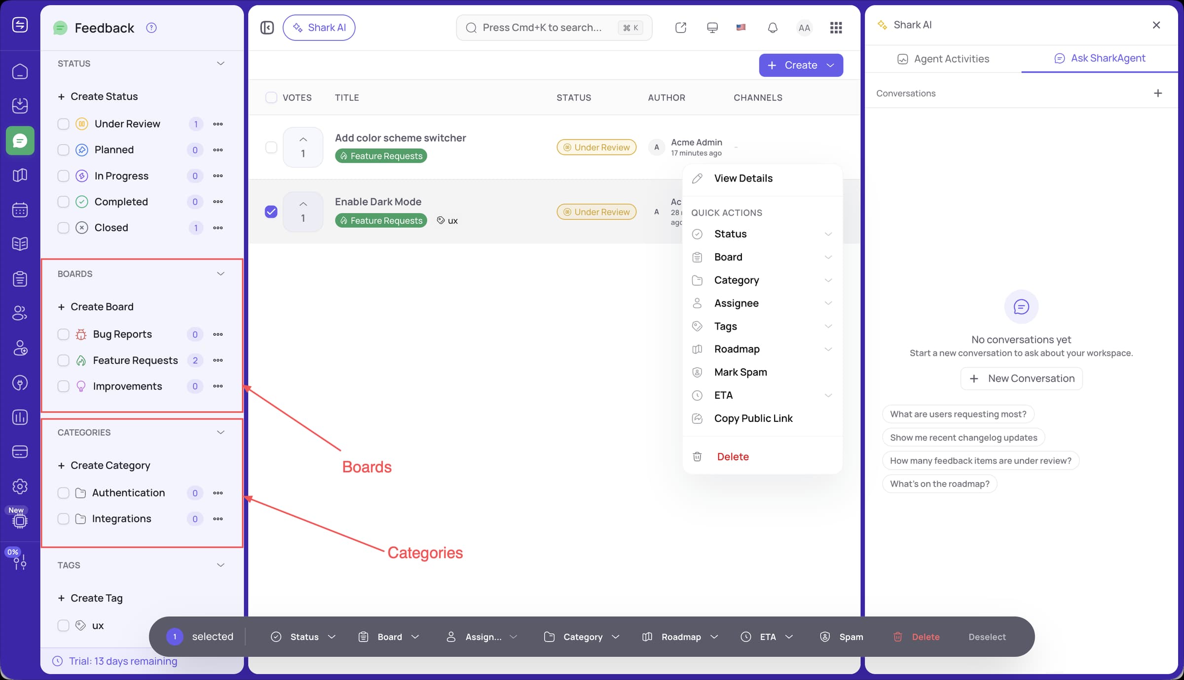 FeatureShark feedback boards and categories organized in the sidebar