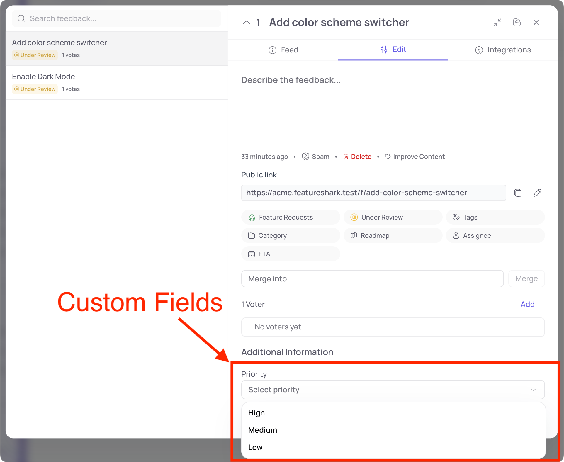 FeatureShark custom feedback fields for capturing structured context