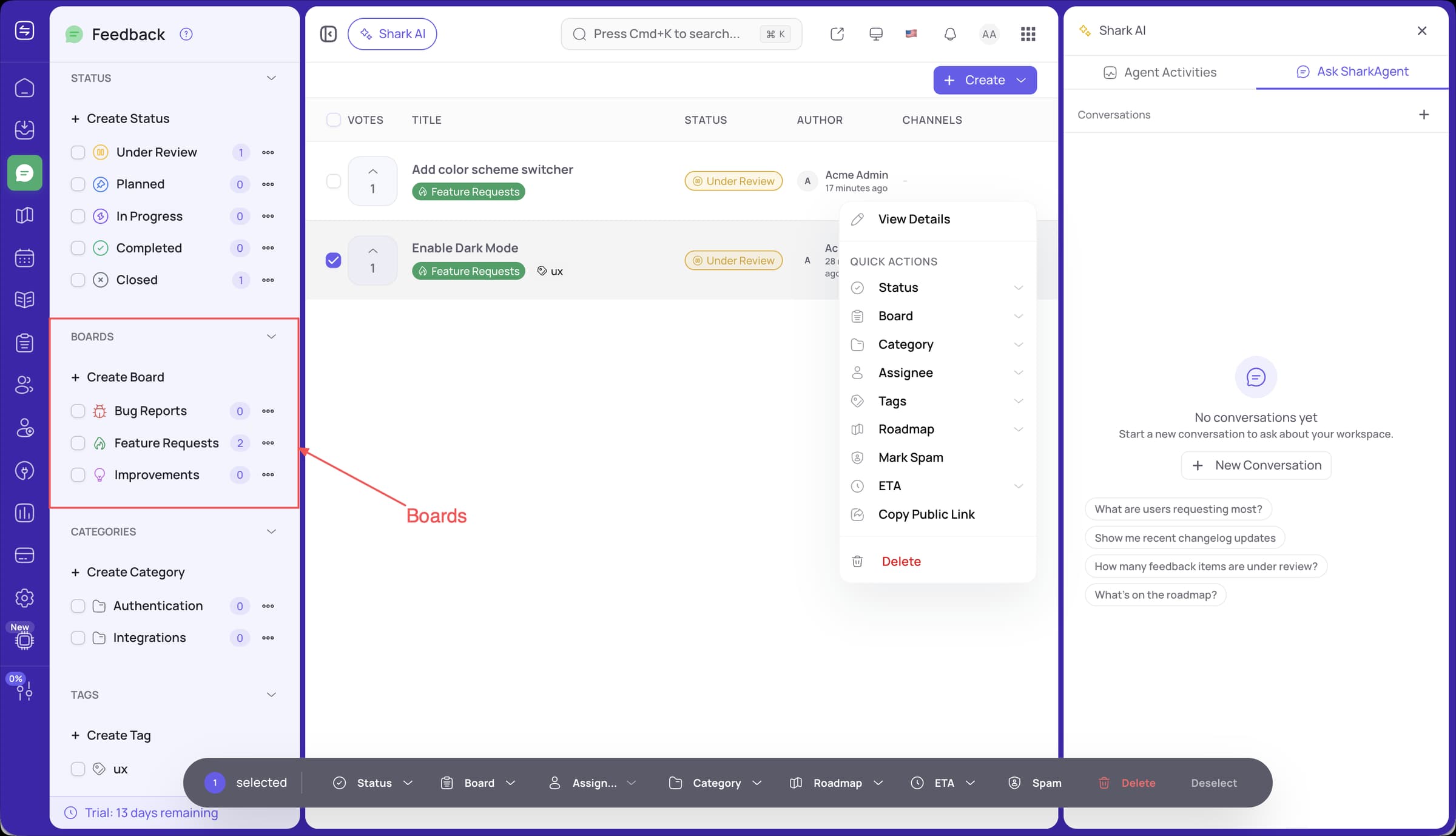 FeatureShark feedback board listing customer requests with votes and statuses