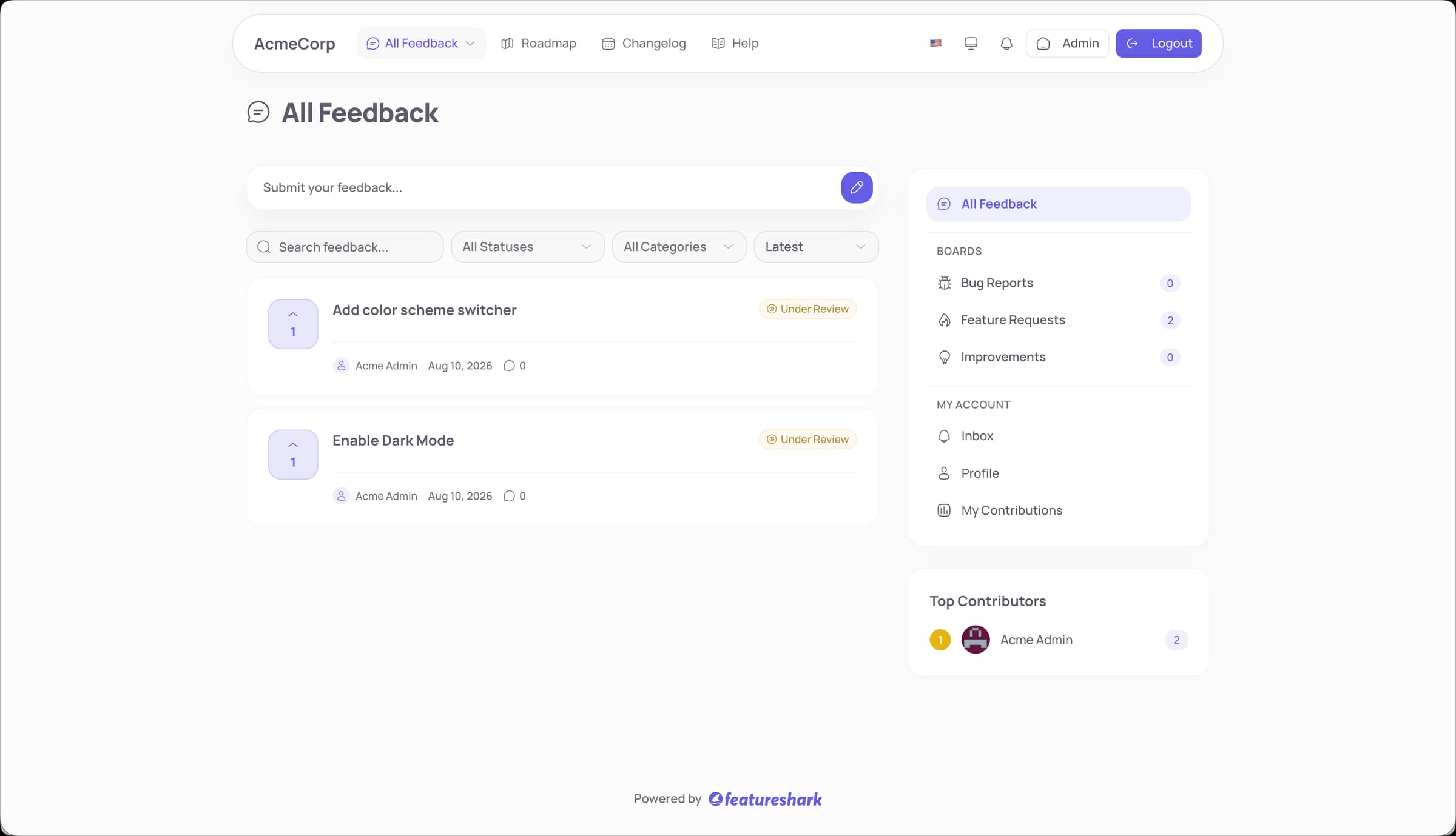 FeatureShark public feedback portal where customers browse and upvote ideas