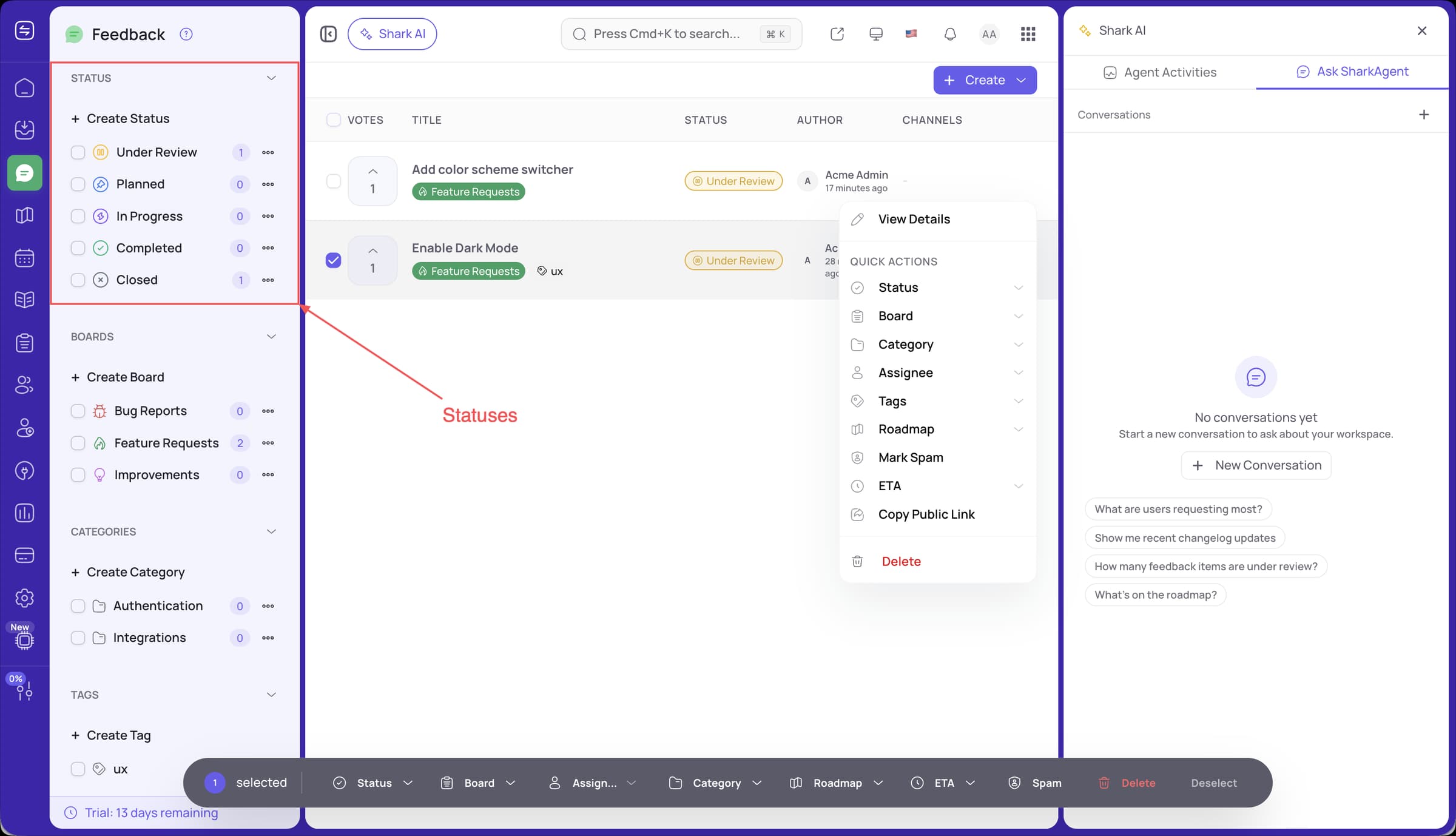 FeatureShark feedback statuses shown in the sidebar