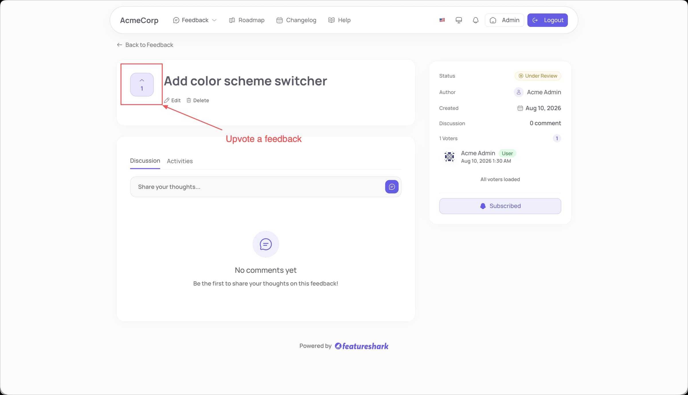 FeatureShark upvote button on the public feedback portal