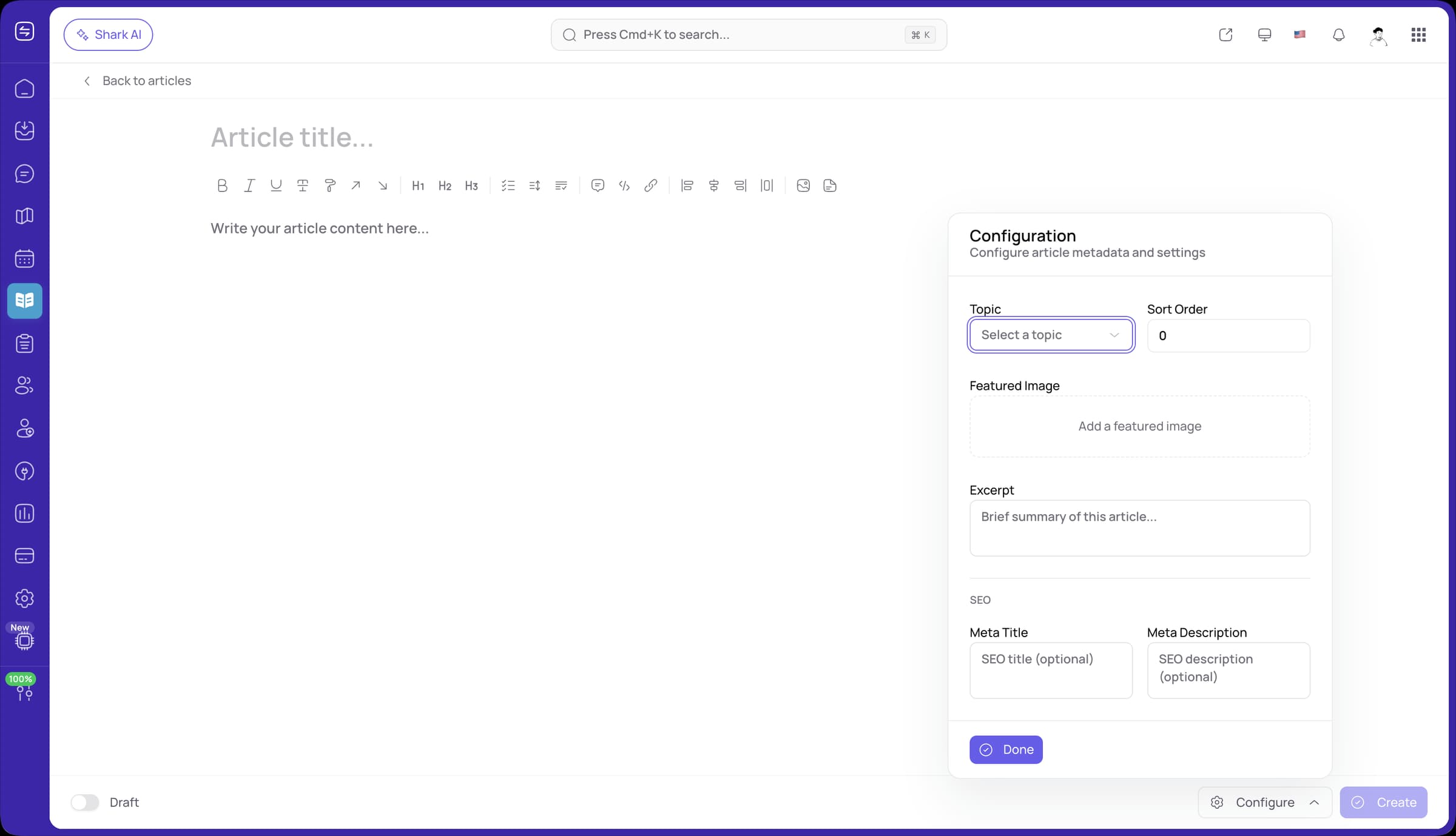 FeatureShark help center article editor