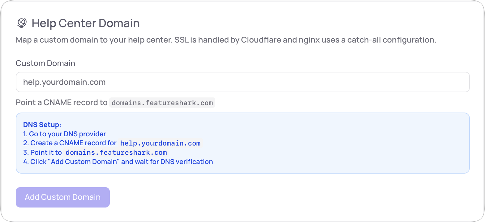 FeatureShark help center custom domain settings