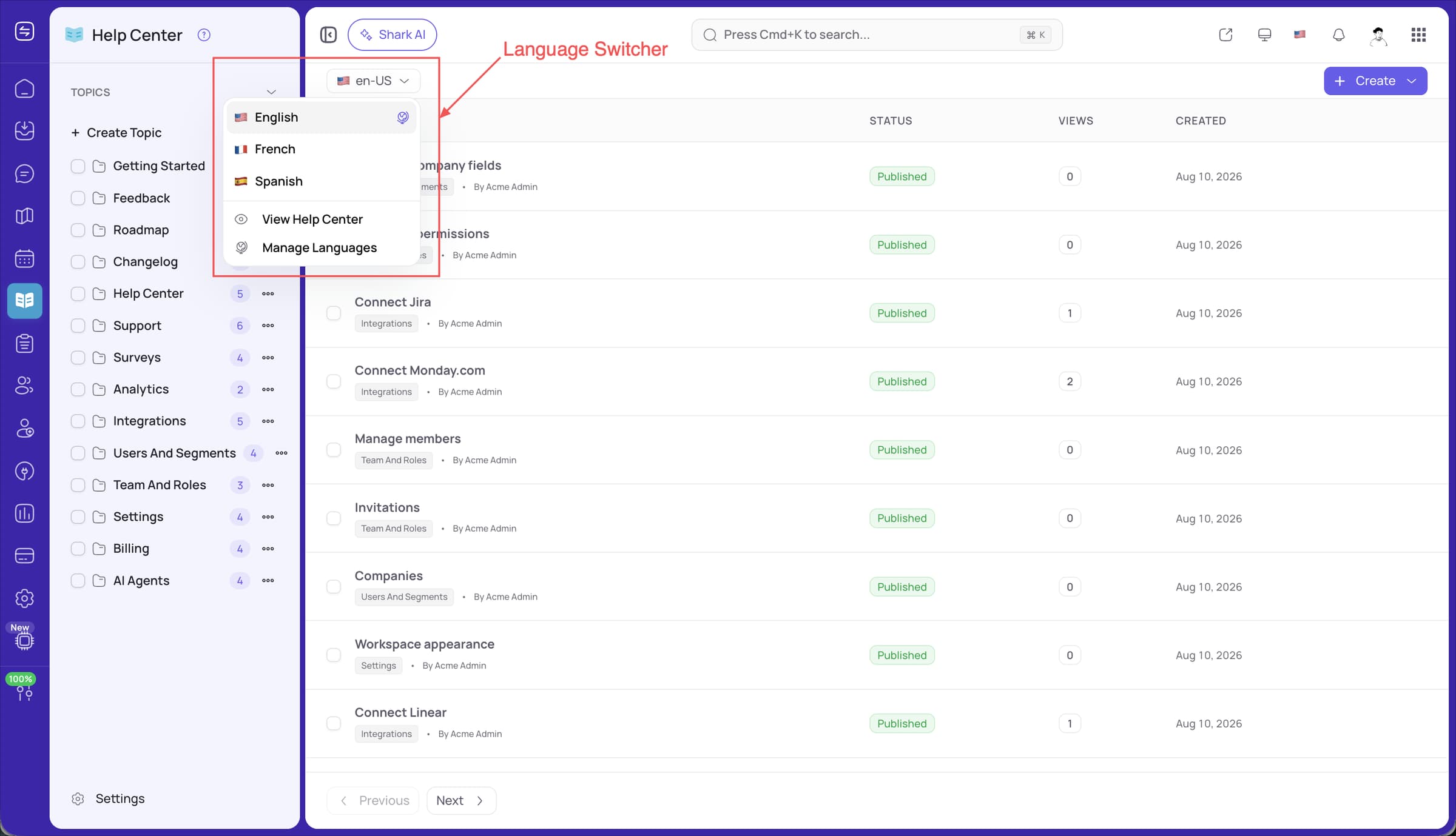 FeatureShark help center language switcher