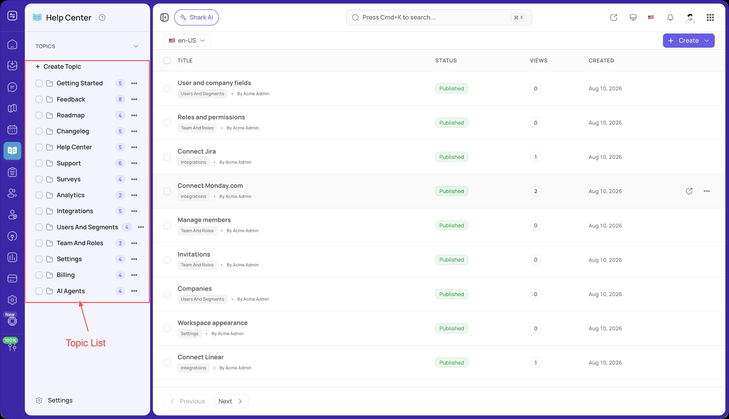 FeatureShark help center topics list