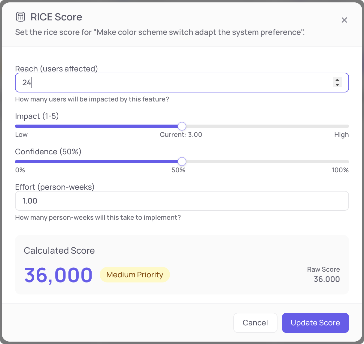 FeatureShark roadmap priority scoring screen