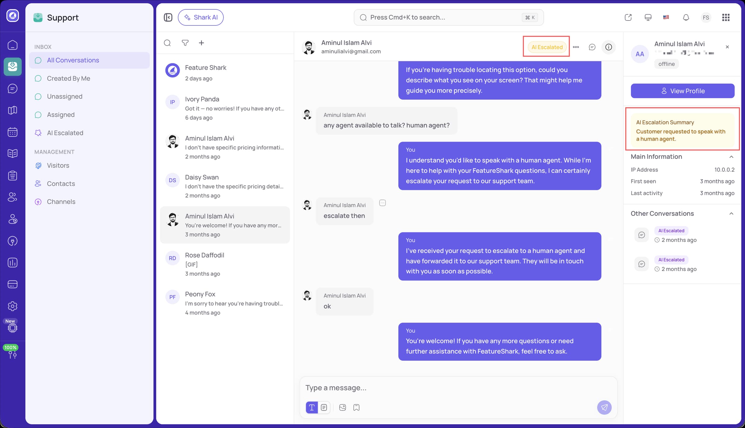 FeatureShark AI-escalated support conversation badge