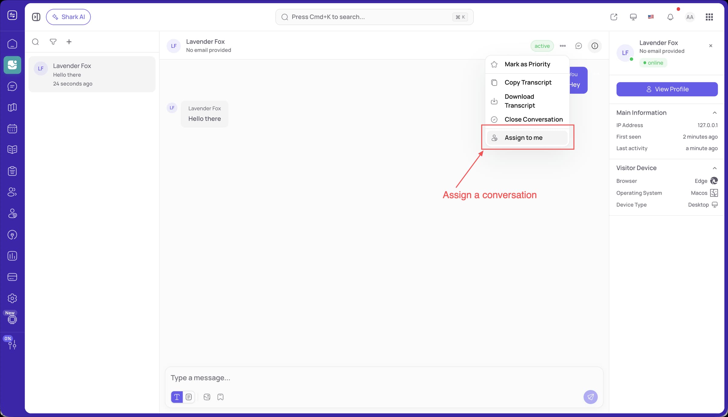 FeatureShark assigning a support conversation to a teammate
