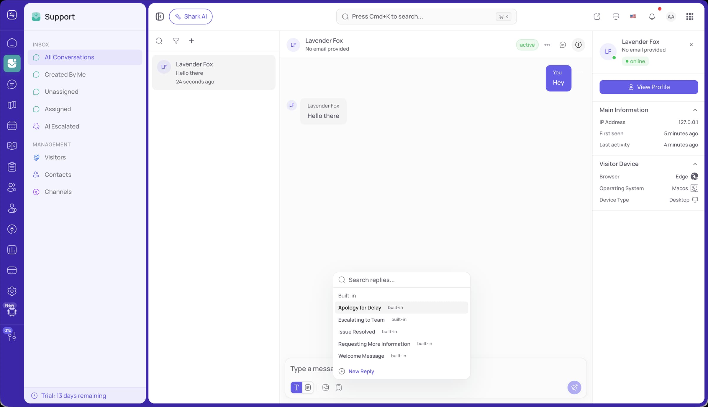 FeatureShark saved replies for support