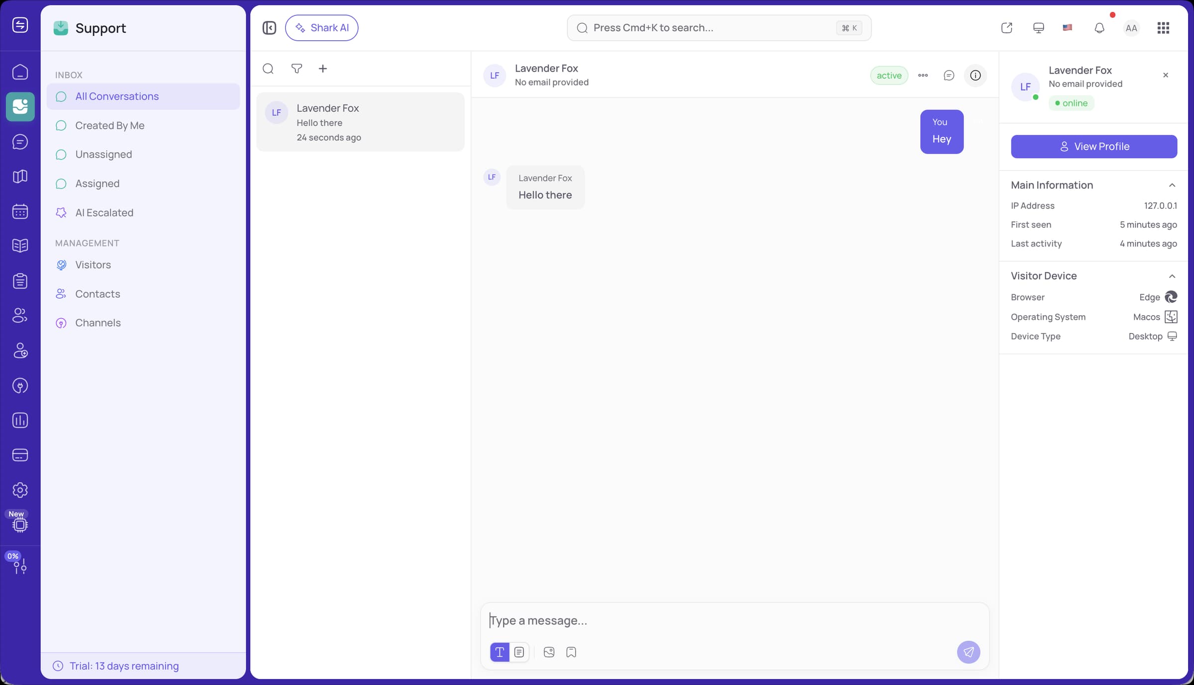 FeatureShark support inbox with customer conversations