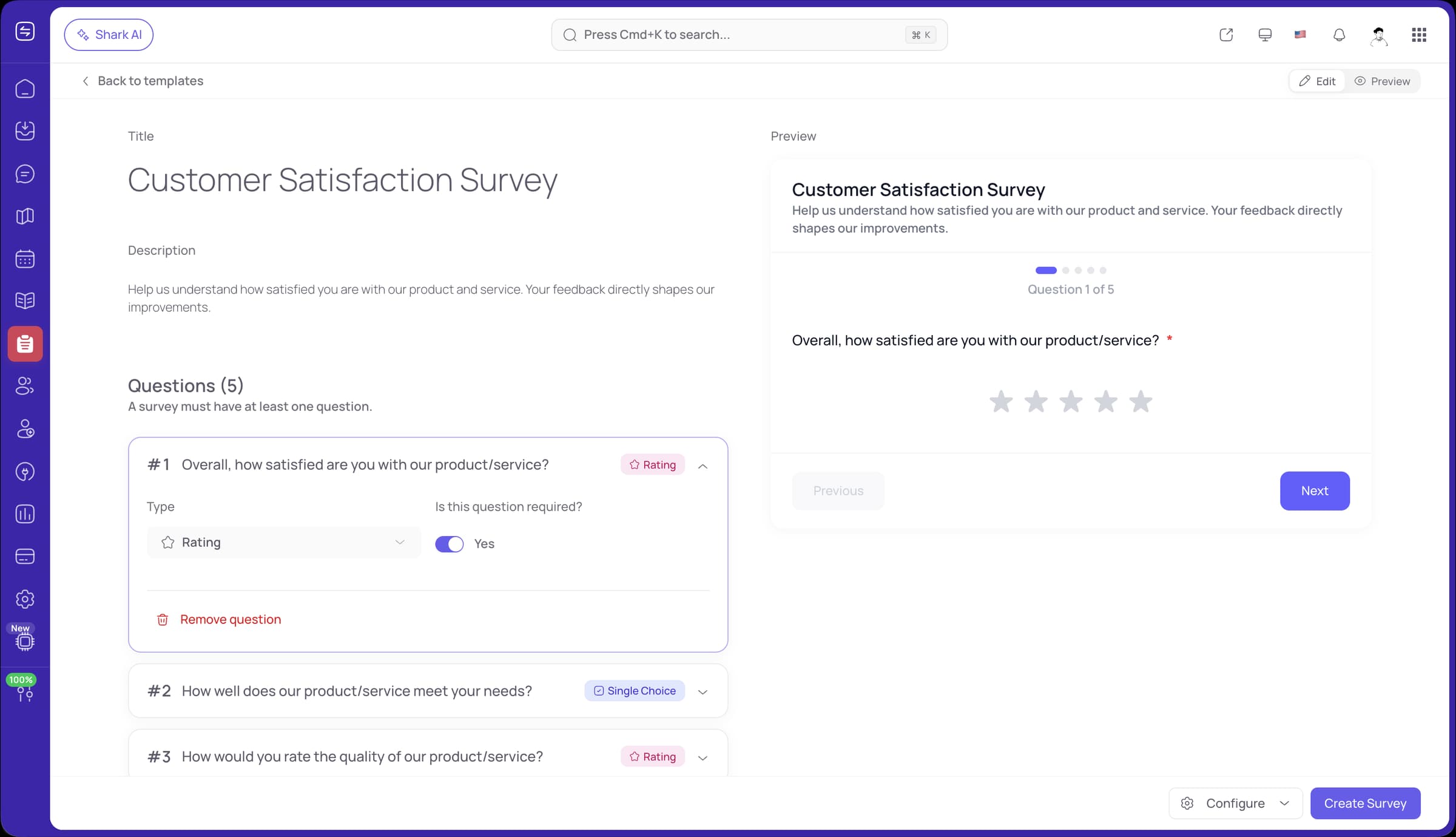 FeatureShark survey question editor