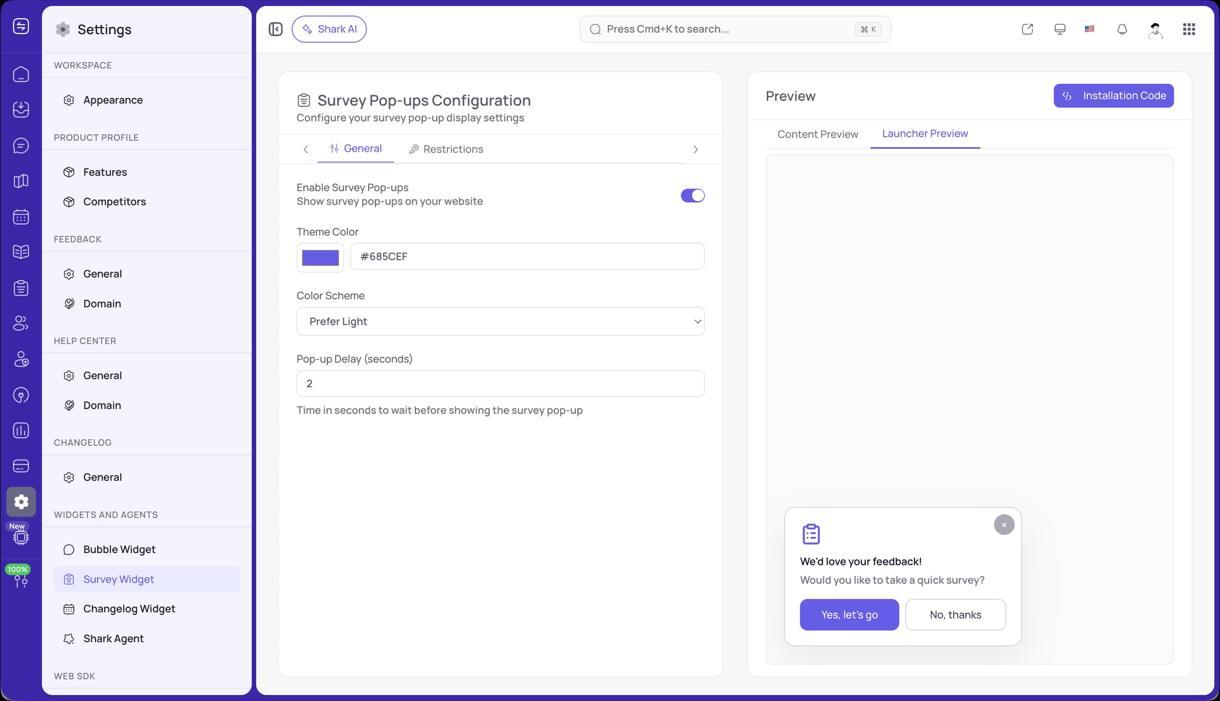 FeatureShark survey widget preview