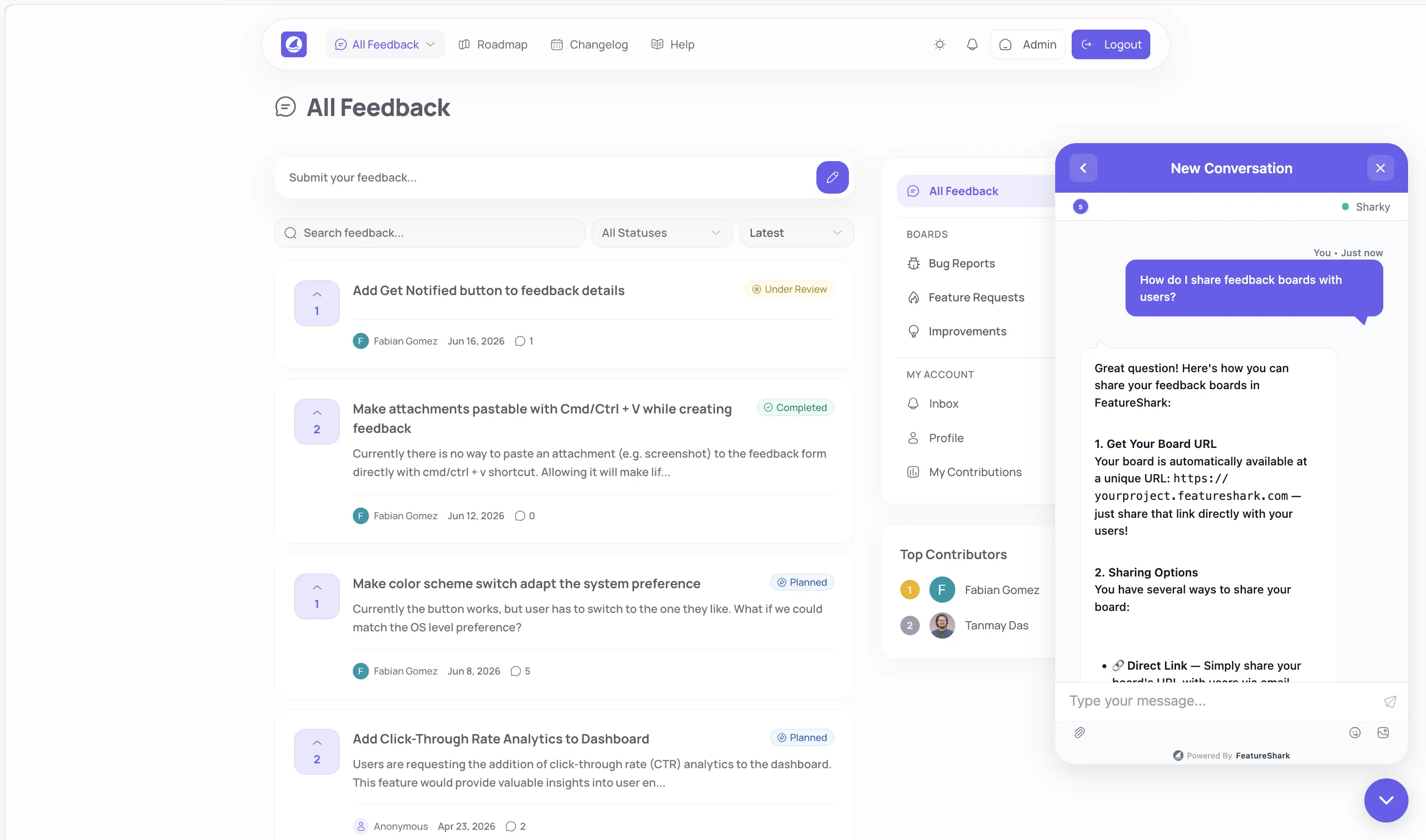 FeatureShark public support widget with Sharky support agent