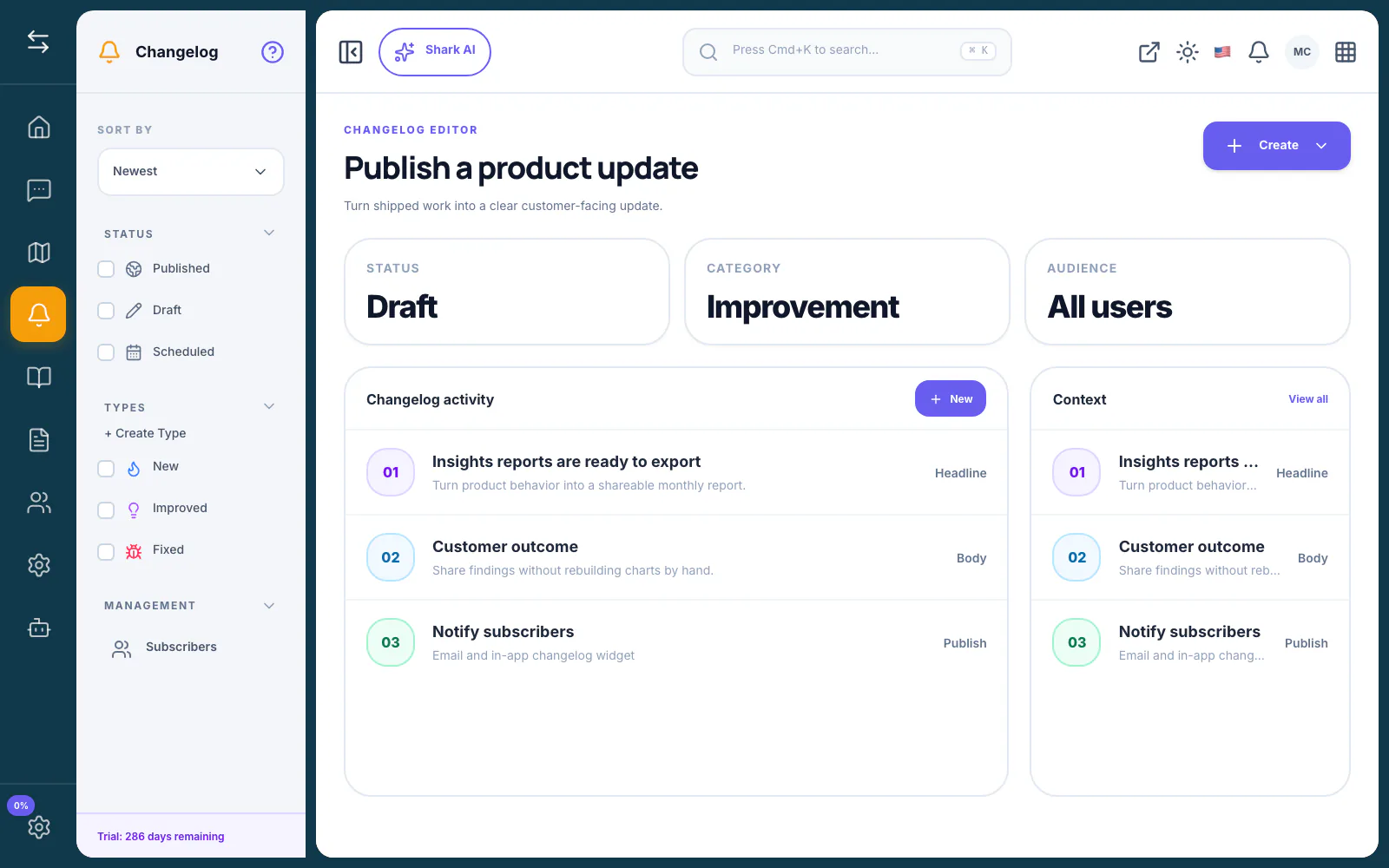 FeatureShark changelog editor drafting a customer-facing update with category and publication controls, shown in the context of How to Use Changelogs for Building in Public