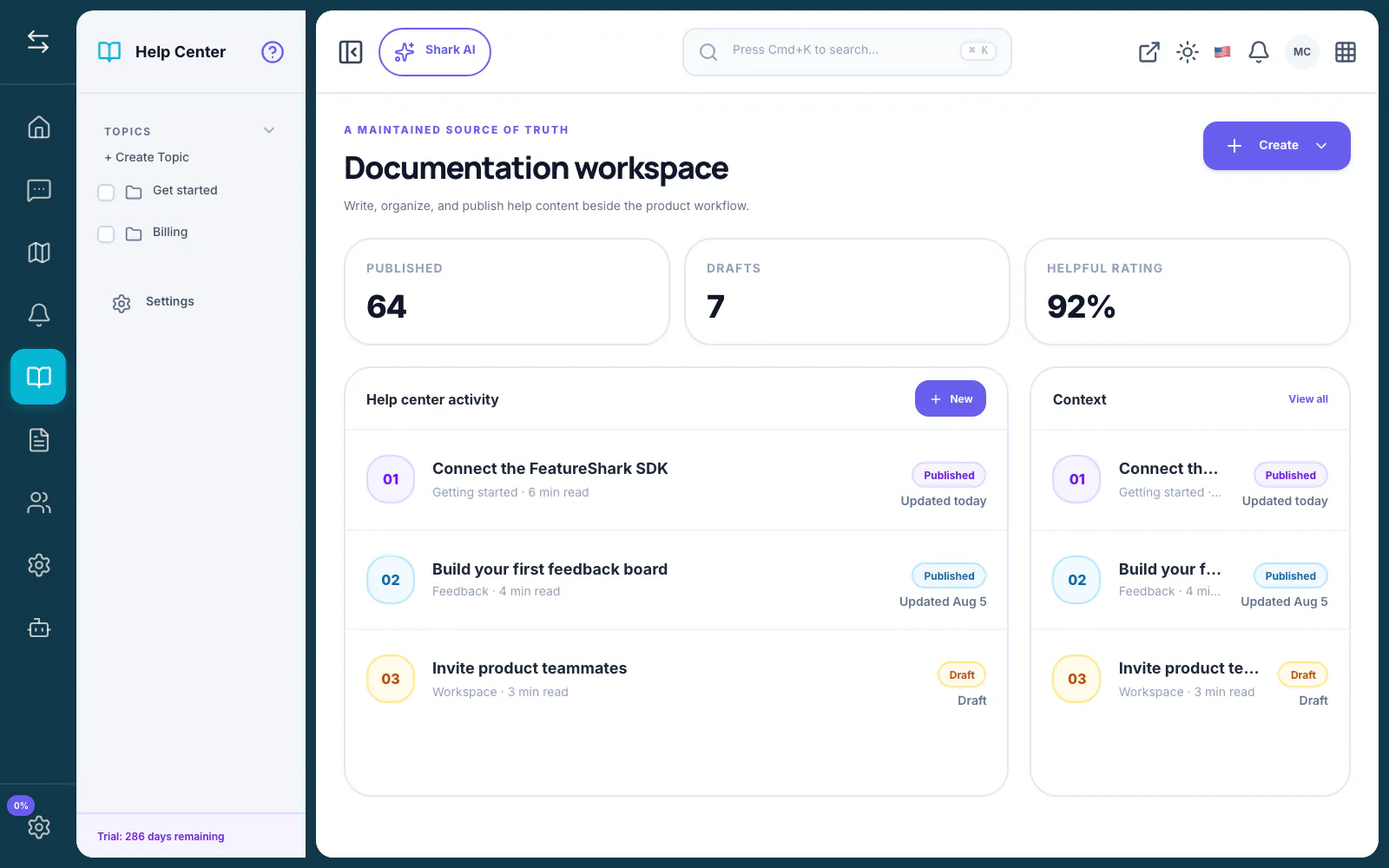 FeatureShark documentation workspace organizing published help articles into customer-facing topics, shown in the context of Feedback Automation: Save Time While Staying Customer-Focused