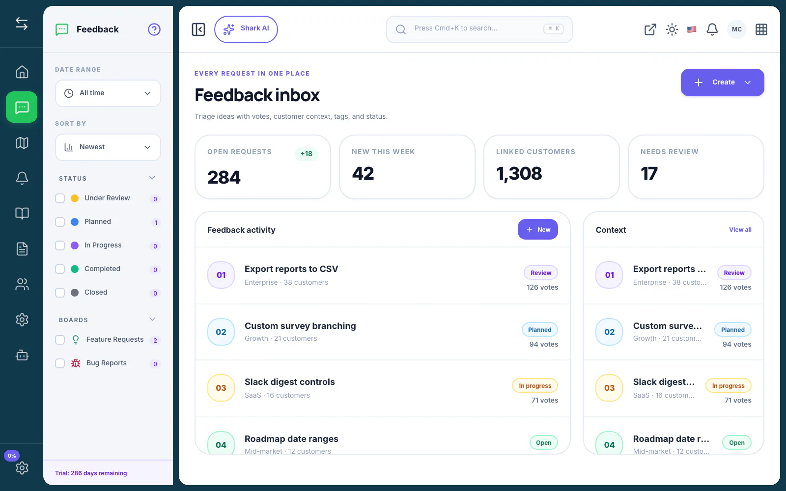 FeatureShark feedback inbox organized by votes, status, customer segment, and assignee, shown in the context of User Segmentation: How to Collect Feedback by Customer Type