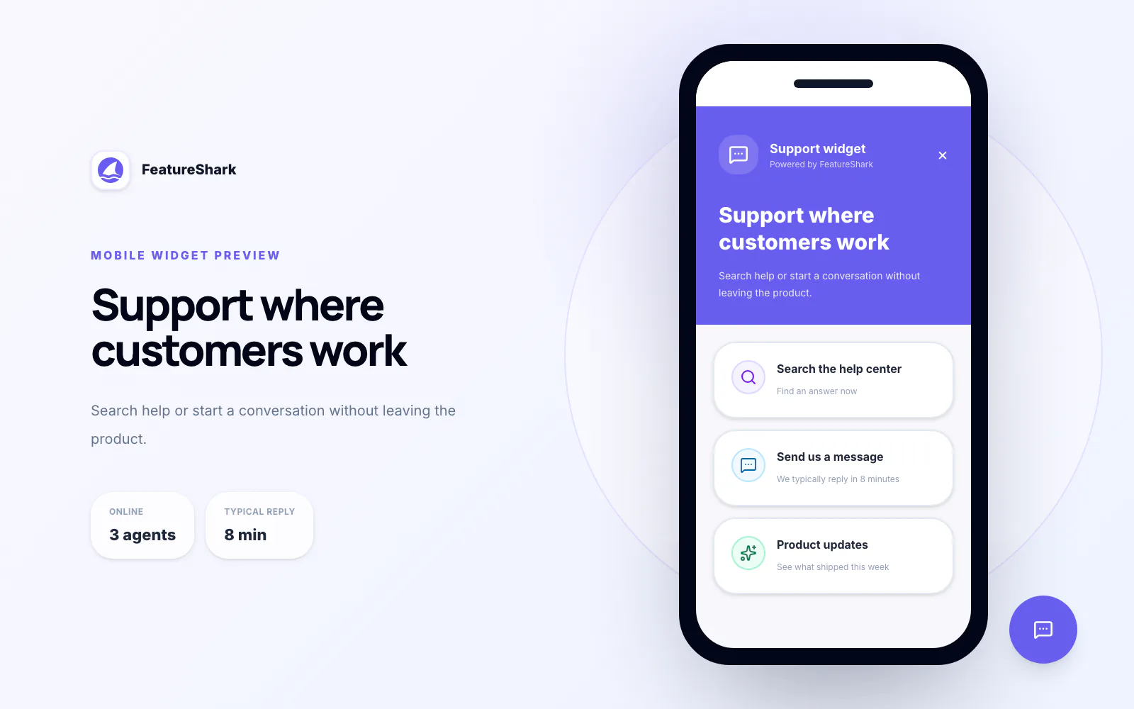 FeatureShark mobile support widget offering help center search and a customer conversation, shown in the context of How to Handle When Will This Be Ready Questions Gracefully