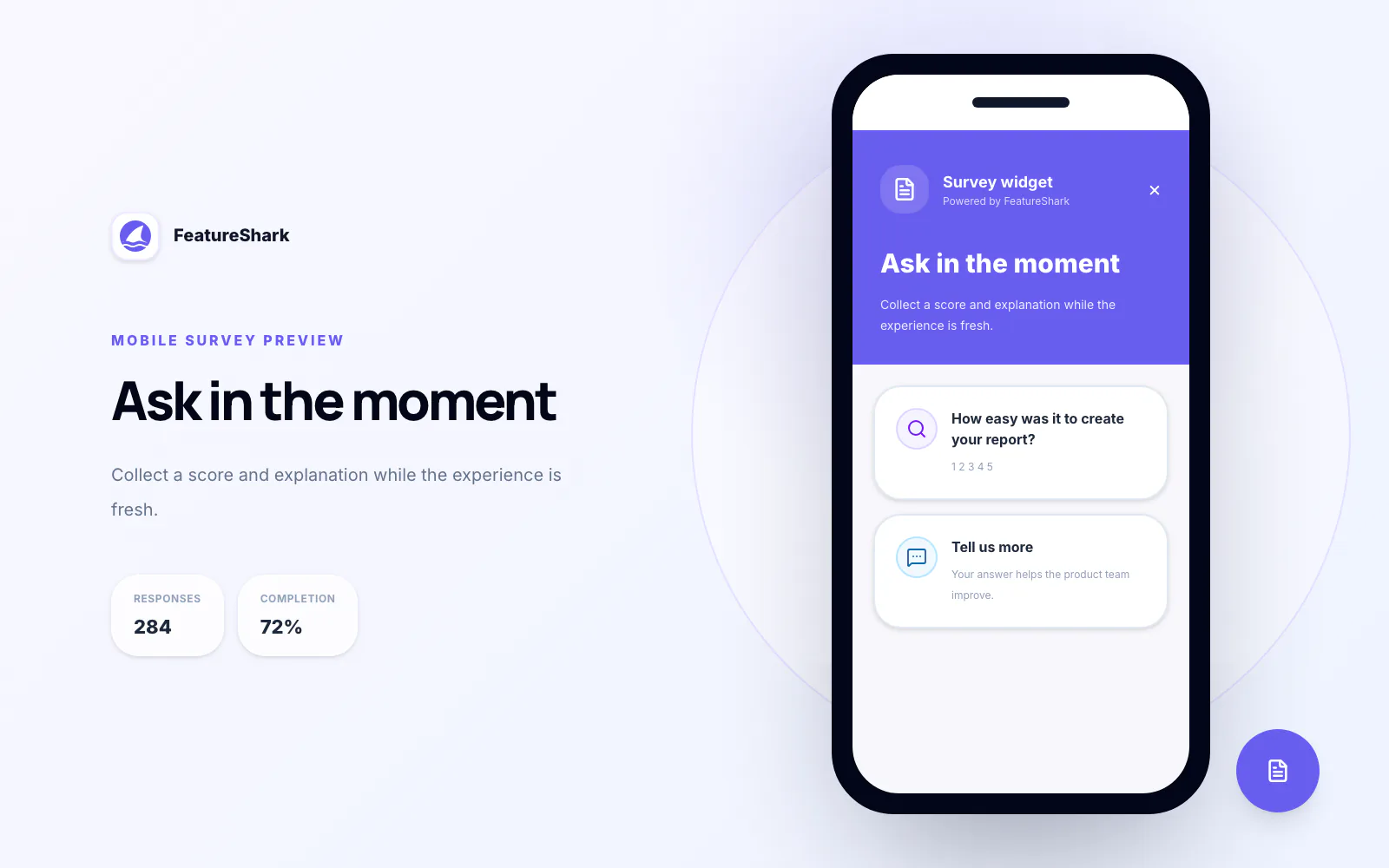 FeatureShark mobile survey widget asking a customer to rate report creation and explain the score, shown in the context of Why is Customer Feedback Important? 8 Reasons You Can’t Ignore