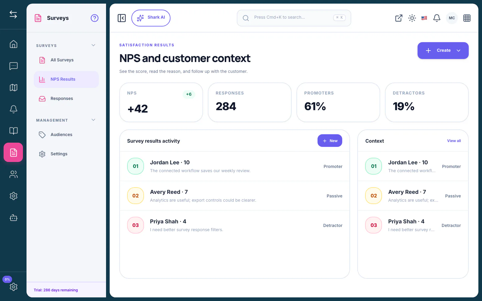 FeatureShark NPS results showing promoters, passives, detractors, and individual customer explanations, shown in the context of User Segmentation: How to Collect Feedback by Customer Type