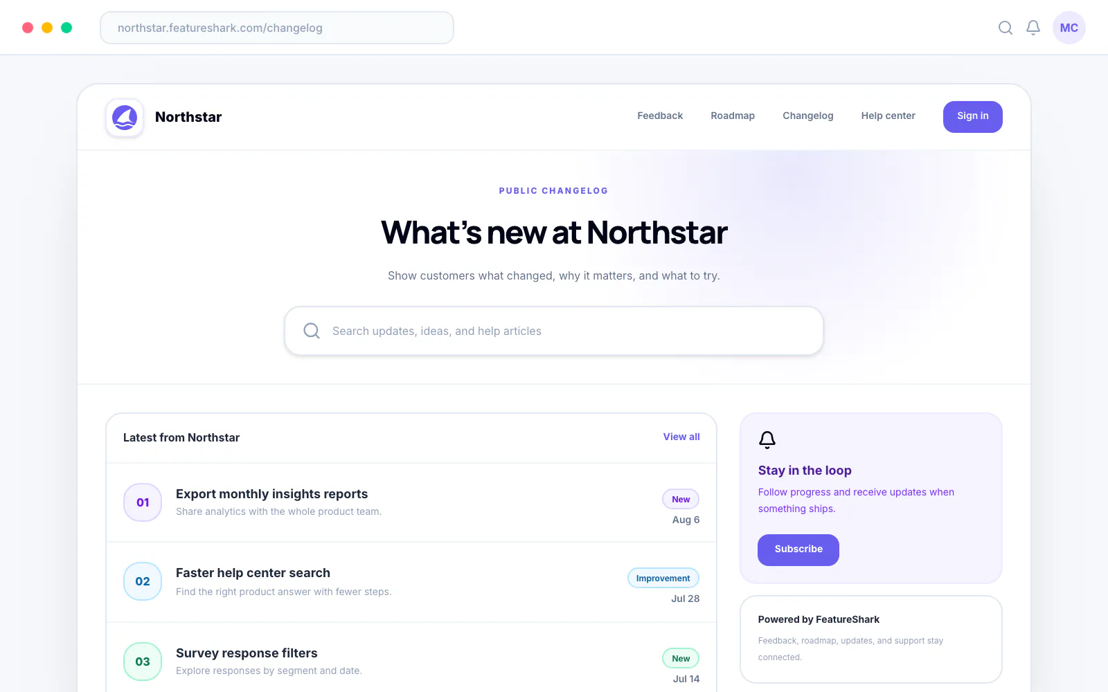 FeatureShark public changelog with recent product improvements and release categories, shown in the context of Enterprise Product Roadmap: How to Manage Complex Requirements